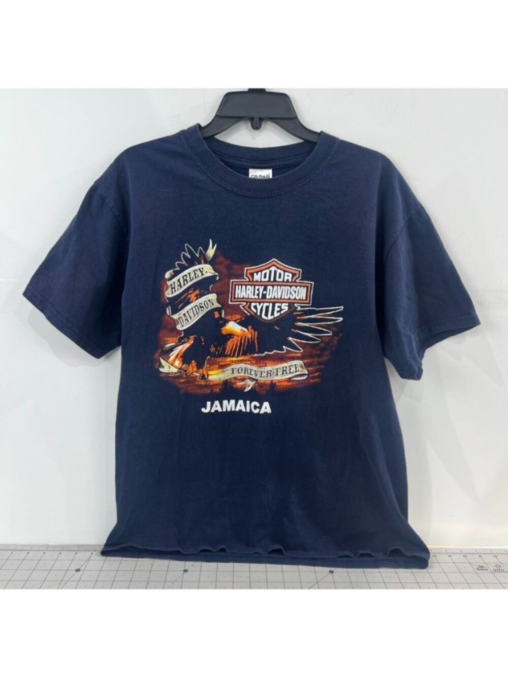 Harley-Davidson Jamaica "Forever Free" Navy Graphic T-Shirt Men's L Y2K Gildan